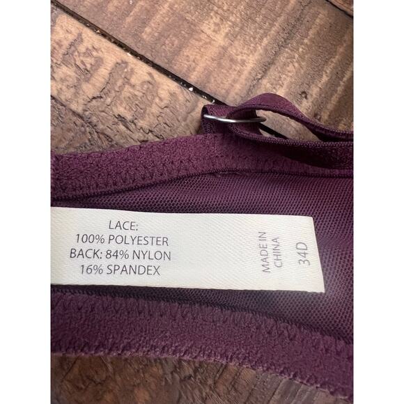 Soma Lace Bra Sz 34D Unlined Floral Embroidery Underwire Burgundy Wine Coquette - Picture 4 of 5